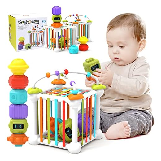JUXUE Baby Sensory Bin Shape Sorter Toy for 1 Year Old, Sensory Stacking Toys for Babies 6-12 Months, Toddlers Fine Motor Skills Montessori Developmental Toys Age 1-2-3-4