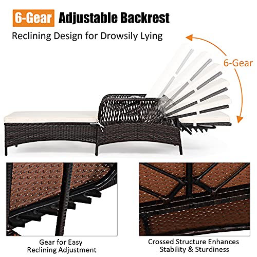 Tangkula Patio Wicker Chaise Lounge Chair, Outdoor Rattan Reclining Chaise W/ 6-Gear Adjustable Backrest, Thick Padded Cushion & Removable Lumbar Pillow, Ideal For Lawn, Beach, Balcony (Mix Brown) #TOP5