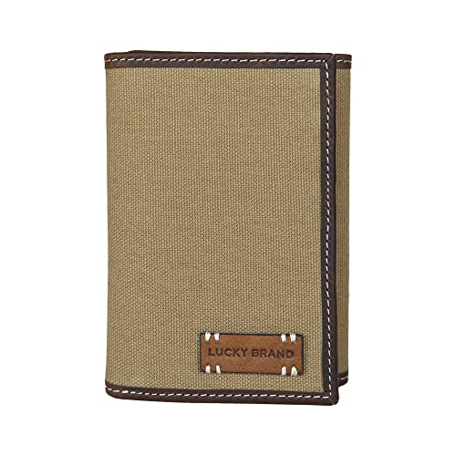 Lucky Brand Men's Trifold Wallet Id Window Card Slots Organization Durable Stylish, Canvas/Leather-Khaki, Tri-Fold