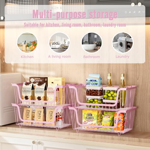GAOKASE 4 Pcs Stackable Wire Baskets for Pantry Organizers and Storage,Vegetable Fruit Basket for Countertop,Kitchen Storage Metal Baskets,Produce Potato Onion Storage Bin,pink — view 4