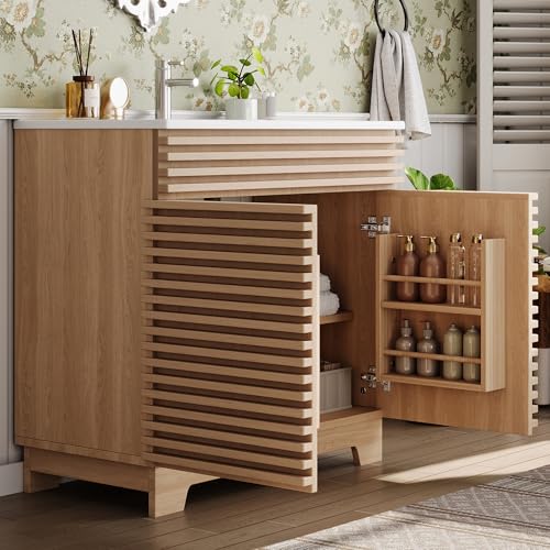 BTM Badunterschrank Waschbecken Waschtisch Stehend mit Unterschrank Waschtischunterschrank mit Doppeltüren Natur