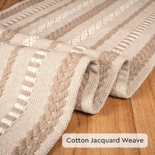 Image of Encasa XO Boho Cotton Jacquard Table Runner for 8 to 10 Seater | 32x300 cm, Beige | Handcrafted Jacquard Weave | Decorative Tassels | Rustic Table Surface Protection