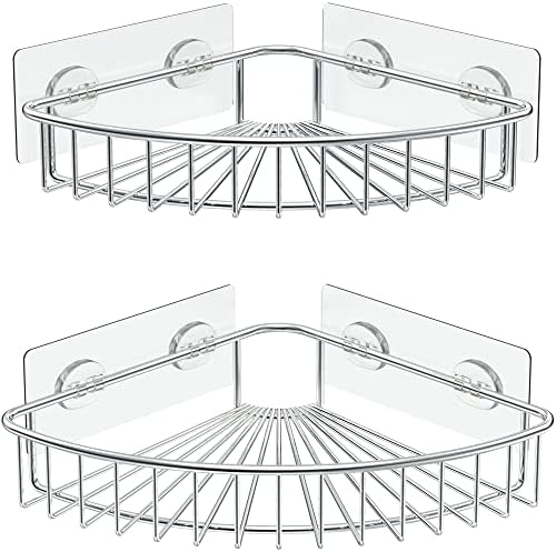 SMARTAKE 2-Pack Corner Shower Caddy, SUS304 Stainless Steel, Wall Mounted Bathroom Shelf with Adhesive, Storage Organizer for Toilet, Dorm and Kitchen (Silver)