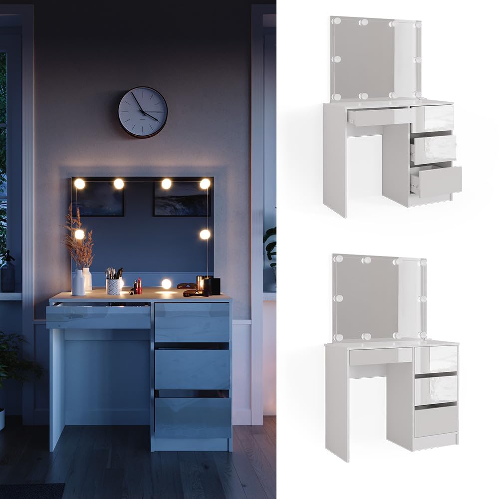 Coiffeuse Sherry Avec Miroir LED Et Tabouret – Blanc – Vicco – 4 Tiroirs – Moderne
