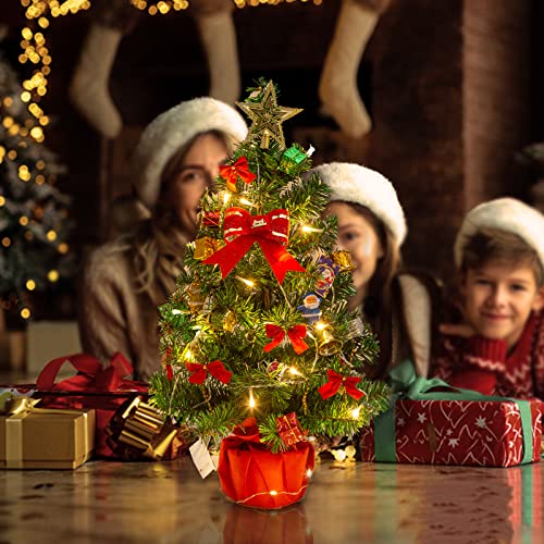 Friiko Prelit Tabletop Artificial Mini Christmas Tree Include Red Cloth Bag Base And Ornaments, 21" Little Xmas Tree With Led Lights For Home Office Holiday Diy Décor #TOP6