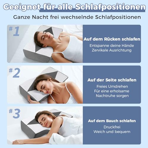 Hypuno Orthopädisches Memory Foam Kopfkissen Nackenstützkissen Gegen Nacken-& Schulterschmerzen mit 2 Höhen & Waschbarem Bezug, Grau–Ergonomisches Schlaf-& Komfortkissen für Seiten- & Rückenschläfer