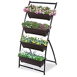 KHOMO GEAR Jardinera Vertical con 4 Macetas Huerto Urbano para Flores y Plantas Jardín Terraza Balcón Interior Exterior - Marrón y Negro