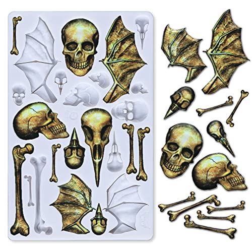 Whaline Halloween Theme Fondant Molds Halloween Skull Skeleton Pattern Silicone Moulds Crow Bone Skull Candy Molds For Halloween Party Cupcake Topper Decorating Sugar Diy Craft Gum Paste Resin Clay #TOP8