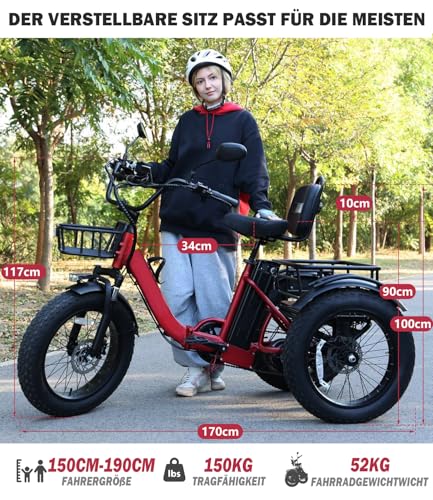 NOMOGO Elektro-Dreirad Für Erwachsene Aluminium Faltbares E-Bike,48V 15.6Ah Akku,7 Gang Elektrofahrrad 25 km/h und 90–110km Reichweite 20”x4” Fat TiresVorder&Differenzial – Bild 4