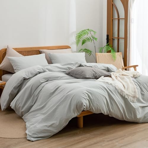 Image of BESTOUCH Cotton Solid Duvet Cover Set Northern Droplet Grey Alaska King | 100% Washed Cotton, Soft Wrinkle Texture, Hidden Zipper, 8 Ties, Breathable Lightweight Durable Comfy, 3 Pcs No Insert