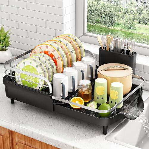 Comparison: Best Drying Rack For Dishes 7 SAYZH Dish Drying Rack - Expandable Dish Rack for Kitchen Counter, Rust-Resistant Dish Drainer with Utensil Holder and Raised Guardrail, Kitchen Organizer for Cup and Bottle (Black)