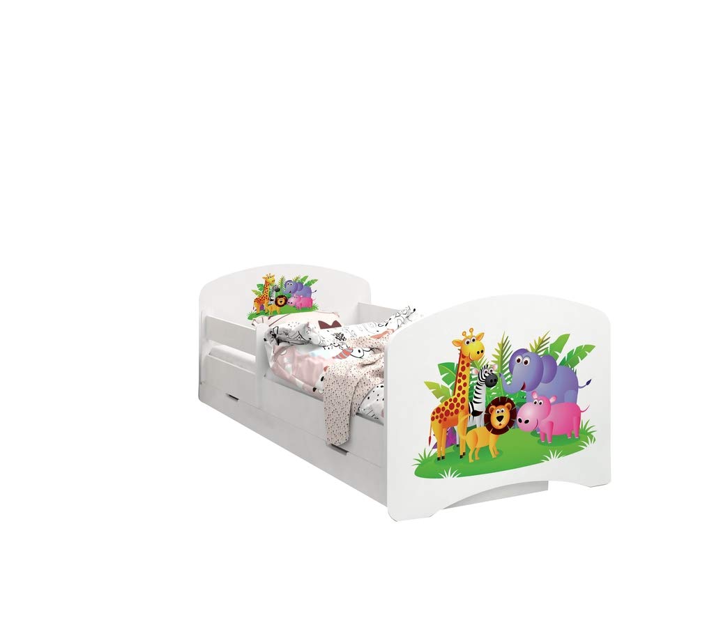 Happy Babies - Dwustronne łóżko dziecięce z szufladą Nowoczesne wzornictwo z bezpiecznymi krawędziami i zabezpieczeniem przed upadkiem materac piankowy 7 cm. (160x80, 53. szczęśliwe zoo)