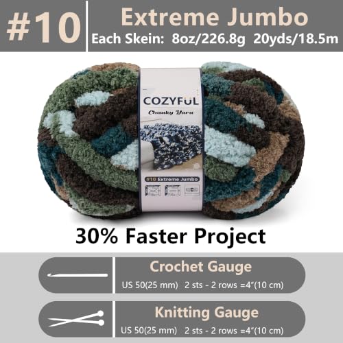 Image of Cozyful Chunky Yarn for Hand Knitting - #10 Chunky Chenille Blanket Yarn, Jumbo Big Thick Chunky Yarns for Crocheting, Tie Dye Bulky Knit Yarns, 8 Skein (20 yds 8 oz Each Skein), Multi Green&Coffee