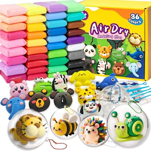 Air Dry Clay Set 36 Farben Modelliermasse Lufttrocknend mit 5 Knete Zubehör 6 Plastikkugeln zum Befüllen 6 Zip Beutel Kugelketten und Tutorials Kinderknete Set Kunsthandwerk Geschenk für Kinder