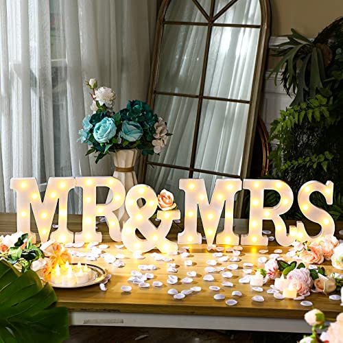 6 Pcs Mr And Mrs Led Sign 12 Pcs Flameless Led Candles 300 Pcs Artificial Rose Petals Neon Mr And Mrs Sign For Wedding Table Heart Romantic Candles Light Up Letters For Romantic Night Decor (White) #TOP1