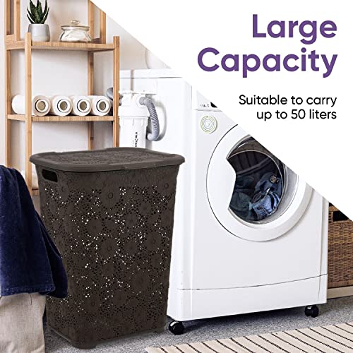 Image of Laundry Hamper With Lid Lace Design 50 Liter - Brown Laundry Hamper Basket With Cutout Handles, Rectangular Shape Modern Style Bin - Dirty Cloths Storage. By Superio