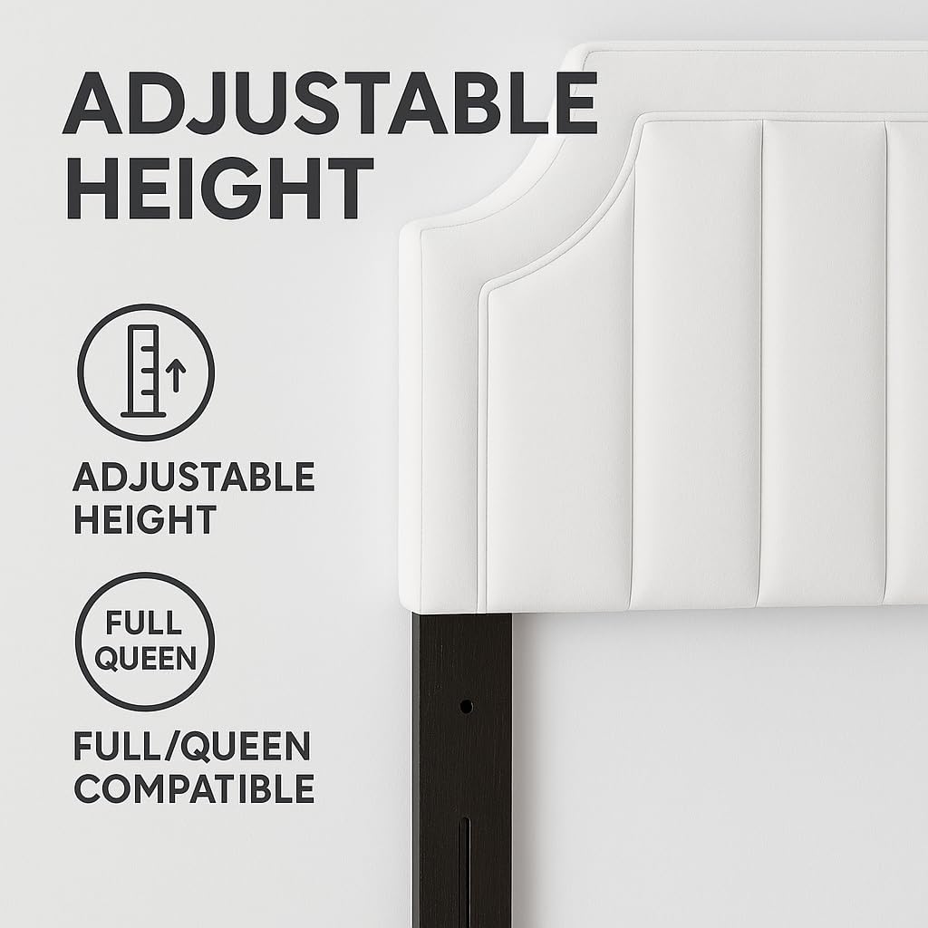 Alyona Channel Tufted Full/Queen Headboard, White Performance Velvet, Adjustable Height, 61.5" W x 3" D x 49–53" H, French Piping Detail, Modern Glam Design, Upholstered & Stain-Resistant