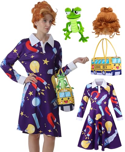 4 Pcs Ms Frizzle Dress Costume Women Teacher Halloween Costume Set with Wig School Bus Bag Plush Toys Accessories Set (Purple Dress with Wig X-Large)