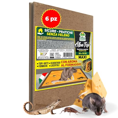 Albagarden - Trappola Per Topi Super Adesiva Professionale con Esca e con Aroma al Formaggio - Tavoletta con Colla Per Topi - Cattura Roditori, Talpe, Rettili, Ratti (6 Pz)