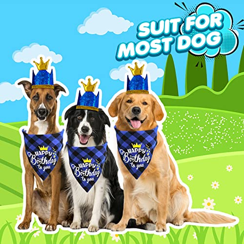 Coobe Hundegeburtstags Bandana Hut Fliege Set, 3 teiliges Hundegeburtstags Party Zubehör Hundekariertes Bandana Bling Kronen Hut Glitzer Fliege Halsband für kleine mittelgroße Hunde