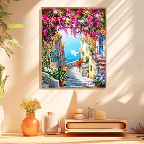 Image of HASTHIP Paint by Numbers Art Kit Mediterranean Dreamscape Acrylic Oil | Painting Kit Canvas Oil Painting Art Wall Decor Home Gift DIY Oil Paint Craft Kit with Tools, Pigments, No Frame, 16x20