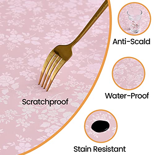 Image of Romanstile Waterproof Vinyl Tablecloth Round, 60 x 60 Inch, Rose Pink | Flannel Backing Wipeable Table Cloth, Heavy Duty Plastic PU Table Cover for Kitchen Dining, Indoor & Outdoor Use