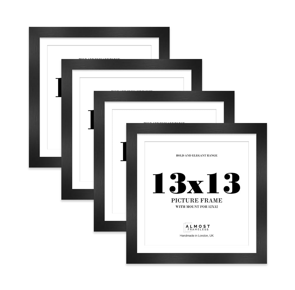 13x13" Black Square Frame With Mount for 12x12" Pictures 28mm Edge Frame Display with Wall Hooks, 4 Pack