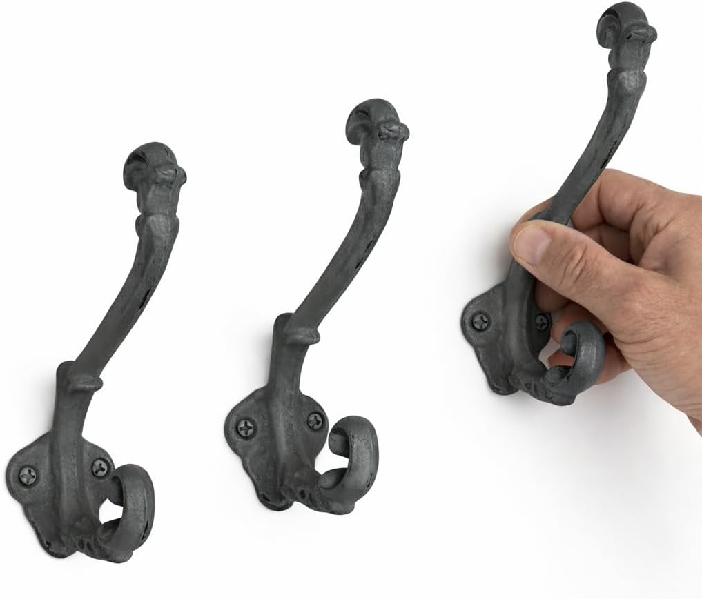 The Metal Magician Wall Mounted Antique Cast Iron Vintage Style Wall Hooks for Coats, Bags, Towels, Hats - (Set of 6) Distressed White