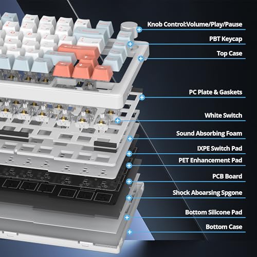 Image of 75% White Blue Creamy Mechanical Keyboard Wired, Creamy Sound Gasket Gaming Thocky Keyboard with Knob, Hot Swappable RGB Custom Keyboard, Pre-lubed Cream Switch Keyboard (82 Light Blue)