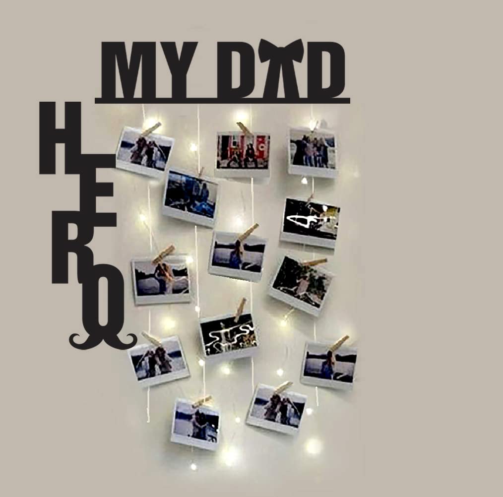 Khush Its Amazing Home Decor Wood My Dad My Hero With LED Light Hanging Photo Display, DIY Picture Photo Frame Collage Set Includes Multi colour Clips
