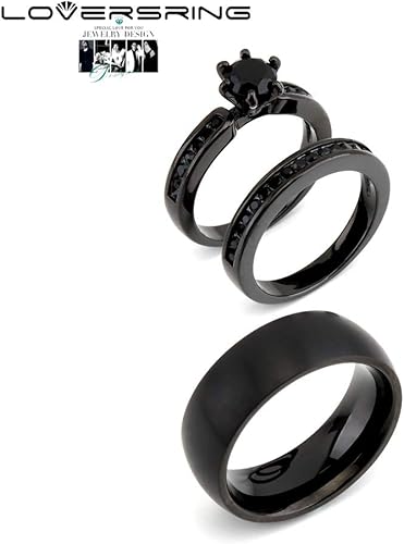 Miniatura 2 de LOVERSRING - Juego de anillos de boda para pareja para ella y para el anillo para mujer chapado en oro negro de 18quilates con circonita anillo para
