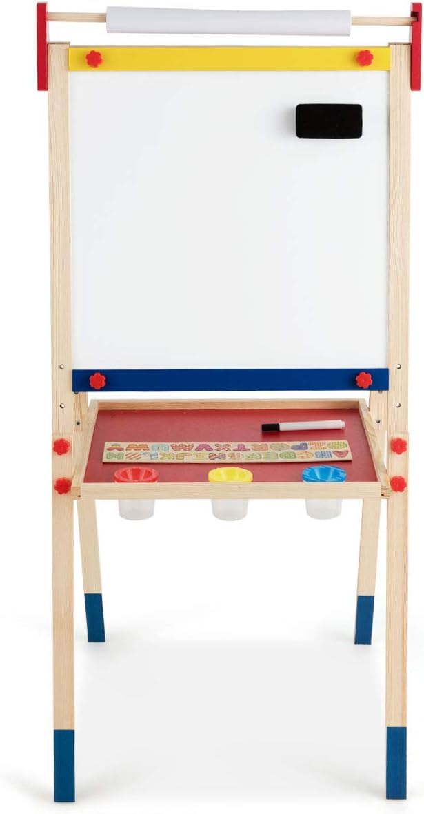 GYMAX Cavalletto per Bambini, Cavalletto con Altezza Regolabile,Lavagna a Doppia Faccia di Legno di Pino, con Rotolo Carta e Altri Accessori, 124,5x60,5x55 cm