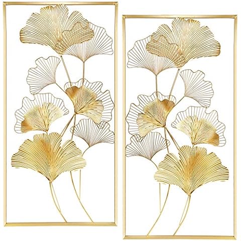 Lulu Home Metall-Wanddekoration, 99 x 50,8 cm, goldene Ginkgo-Blätter, Metall-Wanddekoration mit Rahmen, goldene Metallkunst, Wandskulptur für Wohnzimmer, Büro Cover