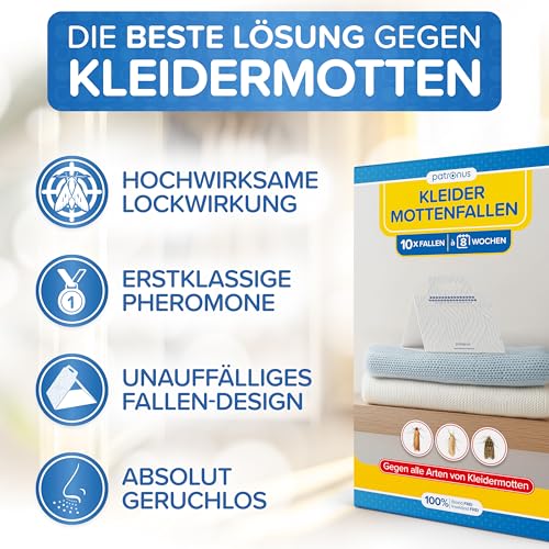 Patronus Kleidermottenfalle [10 Stück] - effektiver Mottenschutz für Kleiderschrank - Mottenfalle Kleidermotten mit maximaler Lockwirkung - Kleidermotten bekämpfen - Alternative zu Mottenpapier 2