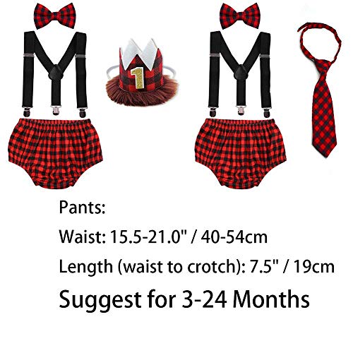 Baby Boys 1St Birthday Cake Smash Outfit One Year Lumberjack Farm Buffalo Plaid Outfit Bloomers Y Back Adjustable Suspenders Bowtie Set Shorts Diaper Cover Gold Crown Hat Headband Clothes Red Plaid #TOP5