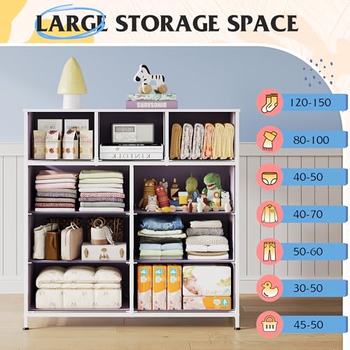 Image of WLIVE 9 Drawer Dresser, Fabric Storage Tower for Bedroom, Hallway, Closet, Tall Chest Organizer Unit for Bedroom with Fabric Bins, Steel Frame, Wood Top, Easy Pull Handle, Purple