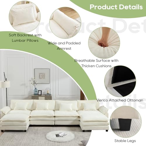 Image of Oprisen 154 inch Modular Sectional Sofa, Comfy Cloud Couch Sectional Sofa with Ottoman, Chenille Sofa Sleeper Deep Seat Sofa with Throw Pillows for Living Room (Beige White, 154 inch- U Shape)