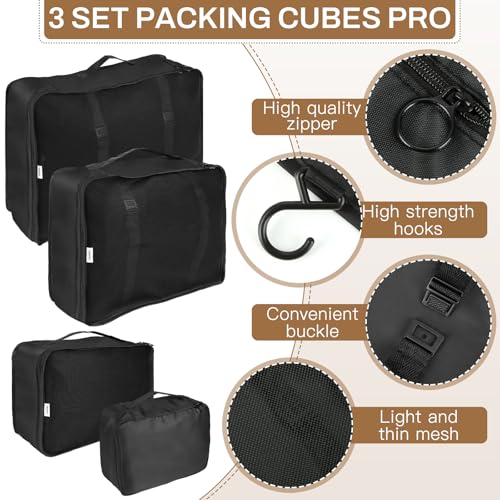 19 Set Packing Cubes for Travel,Mesh Breathable Travel Packing,Suitcase Organizer Bags in 4 Sizes,Carry-On Luggage Accessories with Large Laundry & Toiletry Bag,Luggage Organizer Bags(Black)3