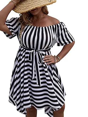 Soly Hux Plus Size Women Summer Sexy Off The Shoulder Striped Short Sleeve Asymmetrical Belted Mini Sundresses Floral Embroidery Mesh White 3Xl #TOP3