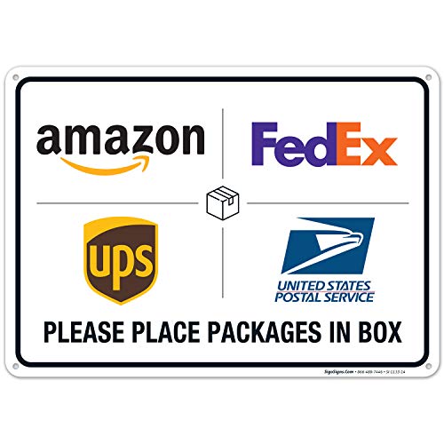 Image of Package Delivery Sign, Please Leave Packages Here Sign, FedEx, Amazon, UPS, USPS, 10x14 Inches, Rust Free .040 Aluminum, Fade Resistant, Made in USA by Sigo Signs
