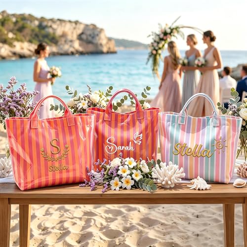 Bolsa tote de playa personalizada impermeable con rayas para mujer miniatura 4