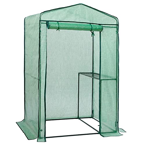 LARMNEE Foliengewächshaus, Gewächshaus, Tomatenhaus Stabil, Tomatengewächshaus mit Regal, Spitzdach, mit Fundament, 123 x 95 x 185 cm, für Gemüse, Obst, Blumen, Garten, Balkon, EGN18GH02 Cover