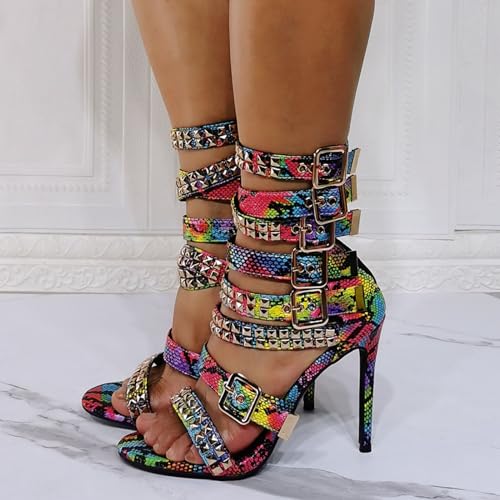 Large Size Women's Sandals with Color Matching Snake Pattern Rivets Zippered Back Nightclub High Heels4