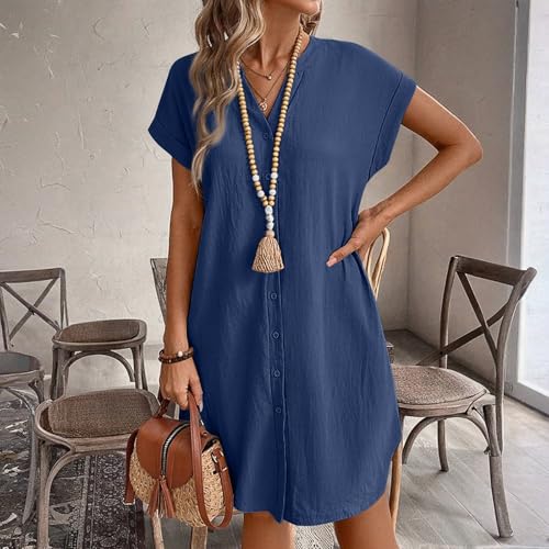 Womens Short Sleeve Midi Linen Dresses,Summer Fall Trendy V Neck Linen Button Down Slim Fit Plain Knee Length Dress4