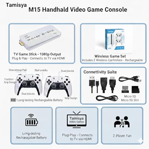 Image of Tamisya M15 Handheld Video Game Console with 400 Built-in Classic Games | Portable Game Player | Game Stick 1080p Plug & Play TV Video Game Set for 2 Player | Rechargeable Battery, AV Output |