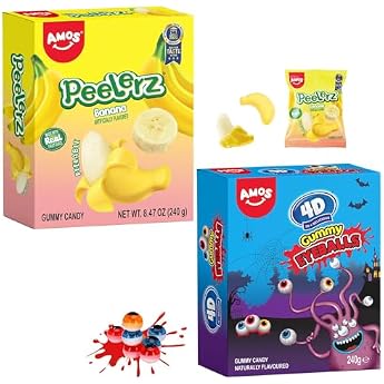 AMOS Peelerz Fruit Gums Sweets Banana Valentines Day Sweets & 4D Eyeball Gumm Fruit Mix - Pack 240 g