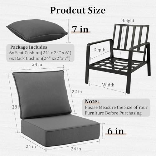 Image of 6 inch Thick Outdoor Chair Cushions, 24 x24 Inch Patio Furniture Cushions Set of 6 with Water Resistant & Removable Cover, UV Resistant, 30D High Density Sponge Patio Cushion, Grey