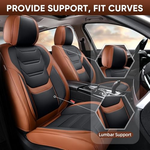Image of TIEHESYT Leather Car Seat Covers Full Set with Lumbar Support, Waterproof Car Seat Cover, Universal Seat Covers for Cars, Trucks, SUVs, Sedans, Pickups, Airbag Compatible, Front Pair, Brown&Black