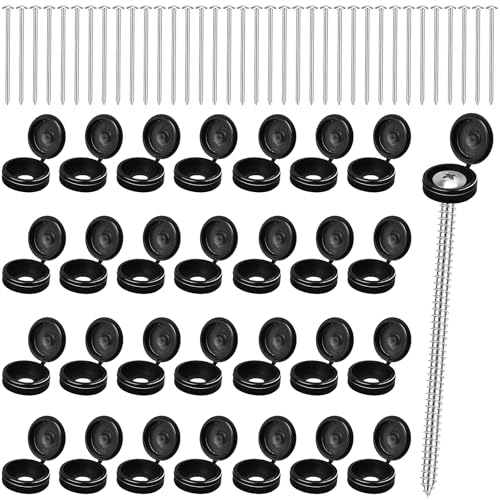 Akamino 50 Set 3 Inch Shutter Screws and Plastic Screw Caps,M5*80 Heavy Duty Exterior Shutter Screws with Black Hinged Fold Over Caps Washer Flip Tops for Furniture Windows Construction
