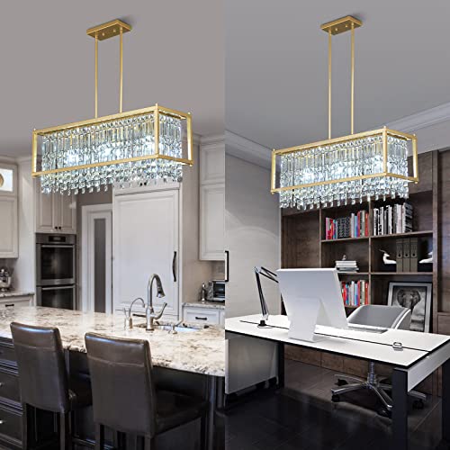 Image of LMQNINE Modern Rectangle Chandelier for Dining Room, Gold Crystal Chandelier Linear Light Fixture, Farmhouse Chandeliers for Kitchen Island, Bar Table, L30.7'' x W9.84'' x H8.66''